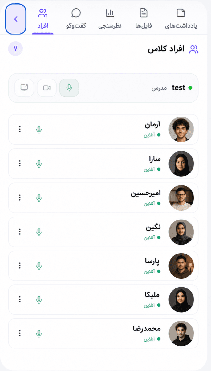 نمایی از پنل افراد کلاس در پارس‌میت